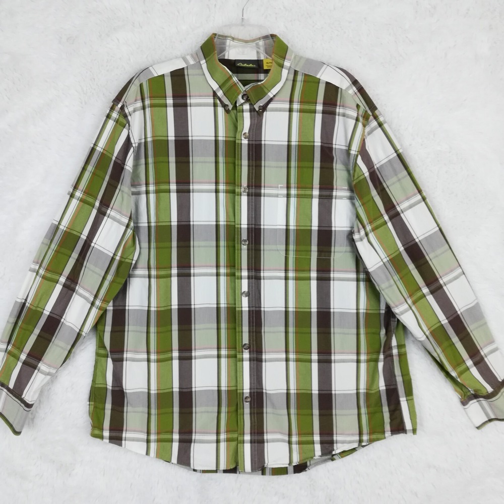 Cabelas Shirt Mens XL Button Up Preppy Plaid Green Brown Comfort Casual Pocket